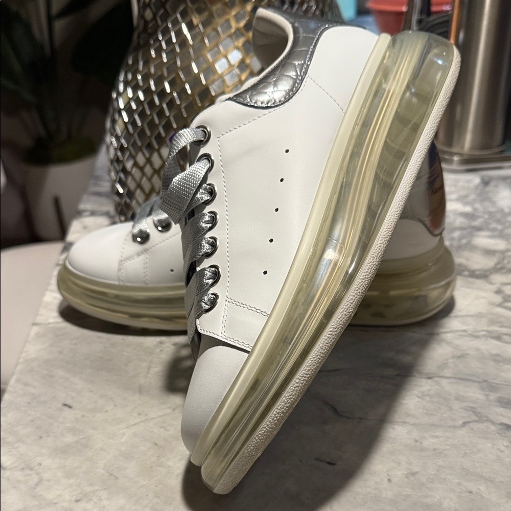 Authentic Alexander McQueen White and Silver Sneakers with Transparent Sole